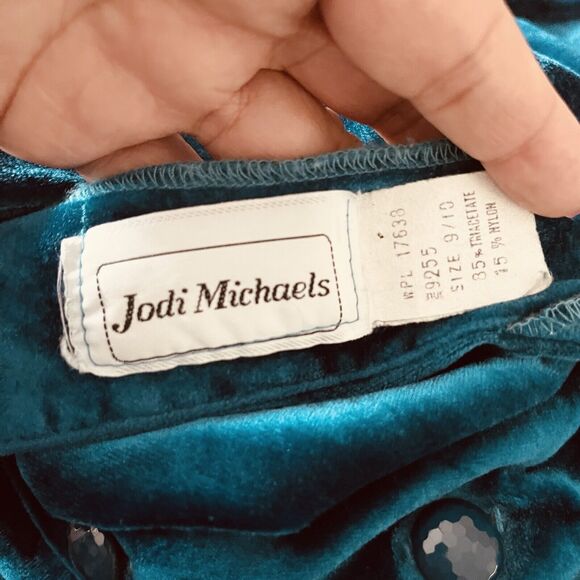 Jodi Michaels Vintage Dress M Back Buttons Puff Sleeves Velvet Turquoise Green - Picture 14 of 16